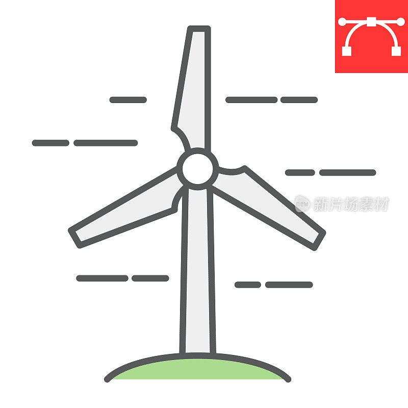 风力发电机颜色线图标，能源和生态，风力能源标志矢量图形，可编辑笔画彩色线性图标，eps 10。